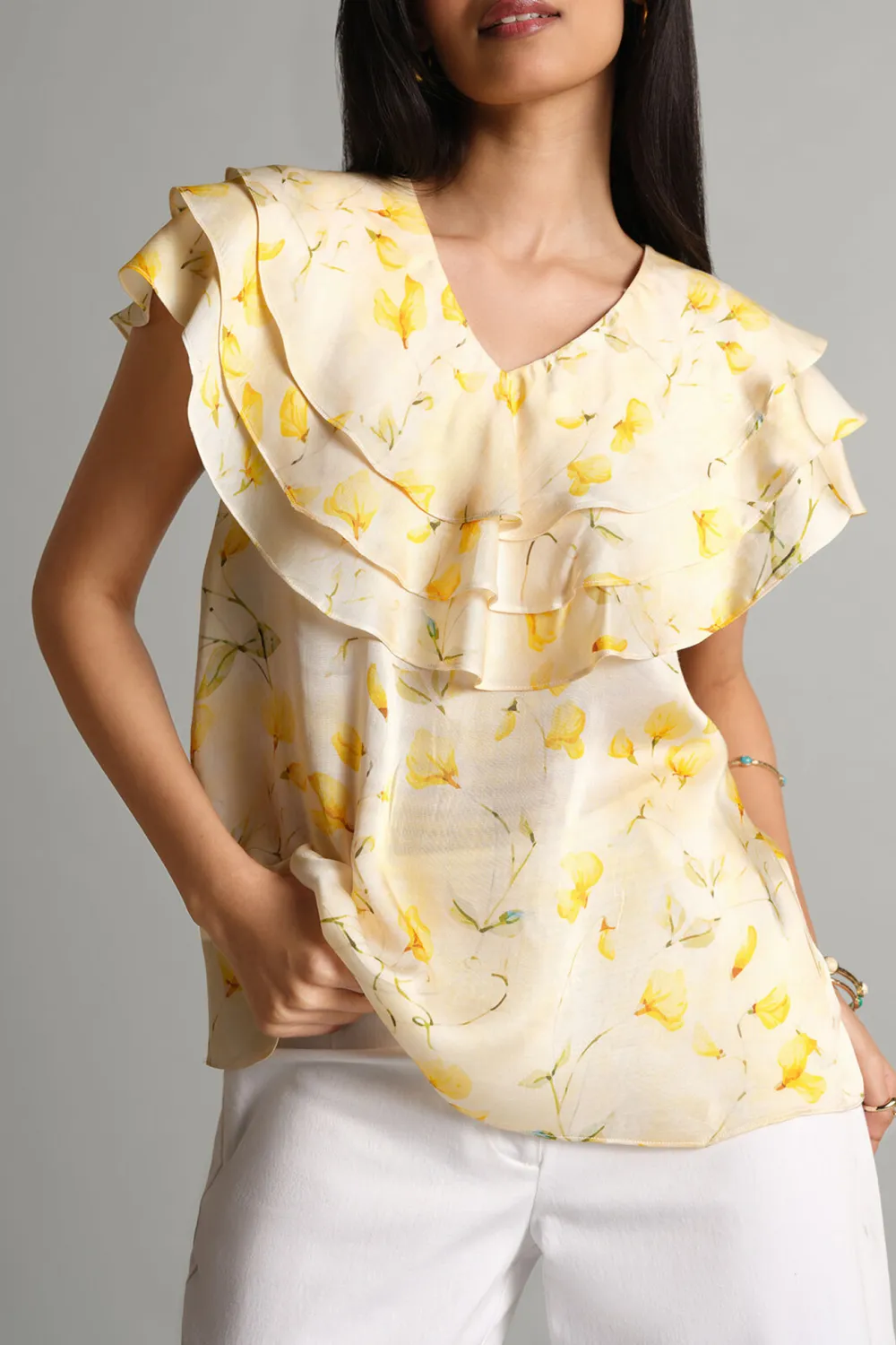 V-Neck Yellow Bloom Ruffle Top