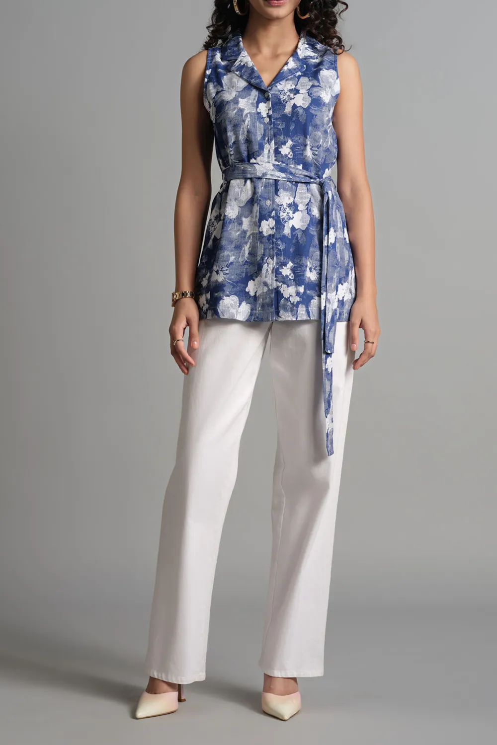 Sleeveless Blooms In Blues Top