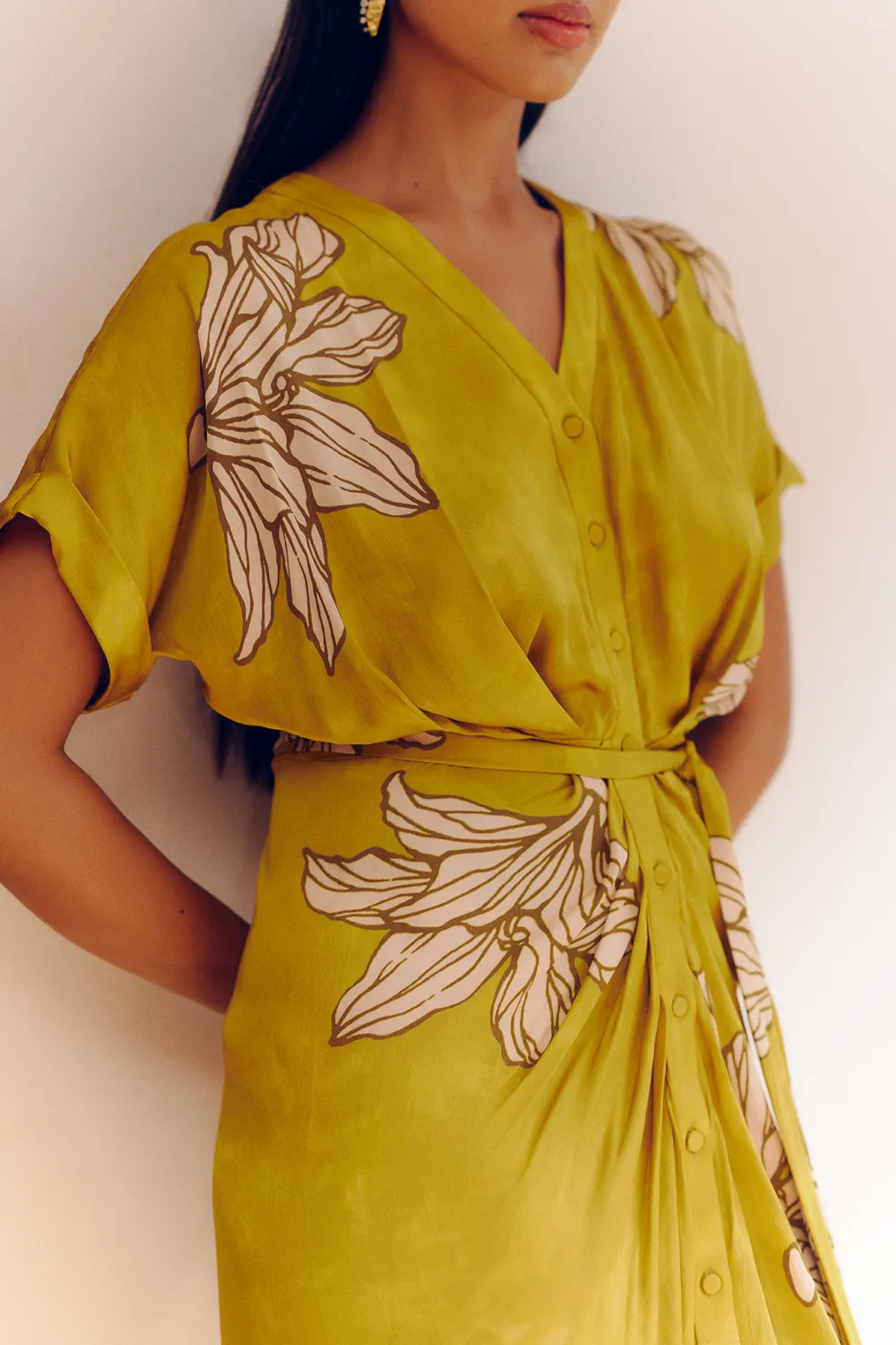 Mustard V-Neck Casual Style  Dress